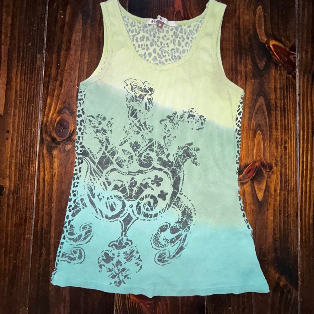 Haley K. Tank Top Medium Green Teal Ombre Leopard Print Graphic Ribbed Y2K